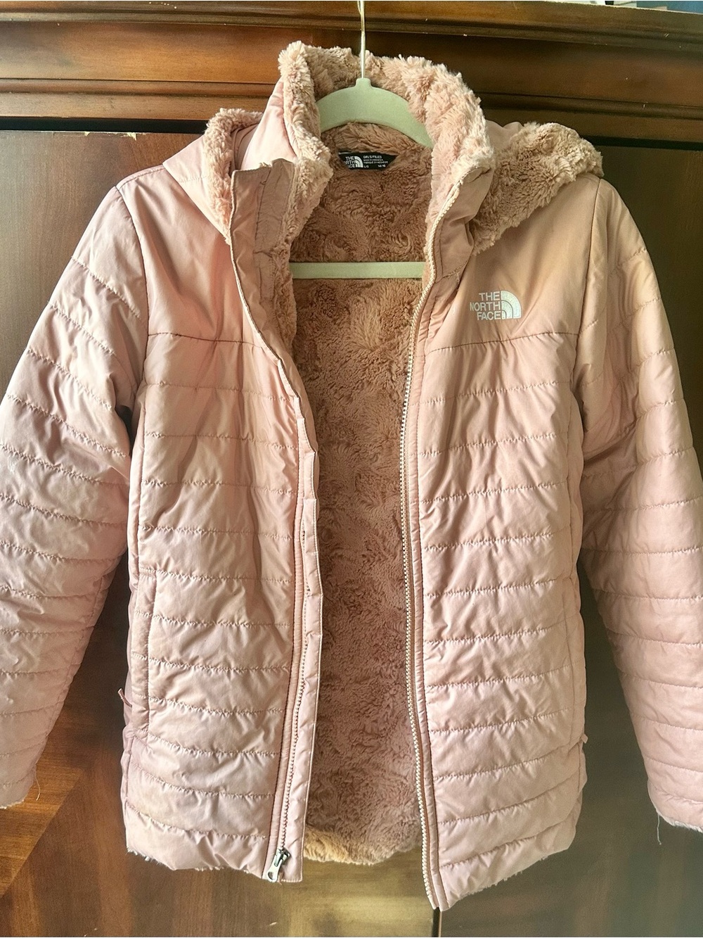 The North Face Girls Light Pink Quilted Puffer with Faux-Fur Hood